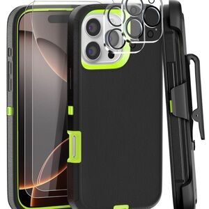 Black and Green Protective iPhone 16 Pro Max Case with 2 Screen Protectors